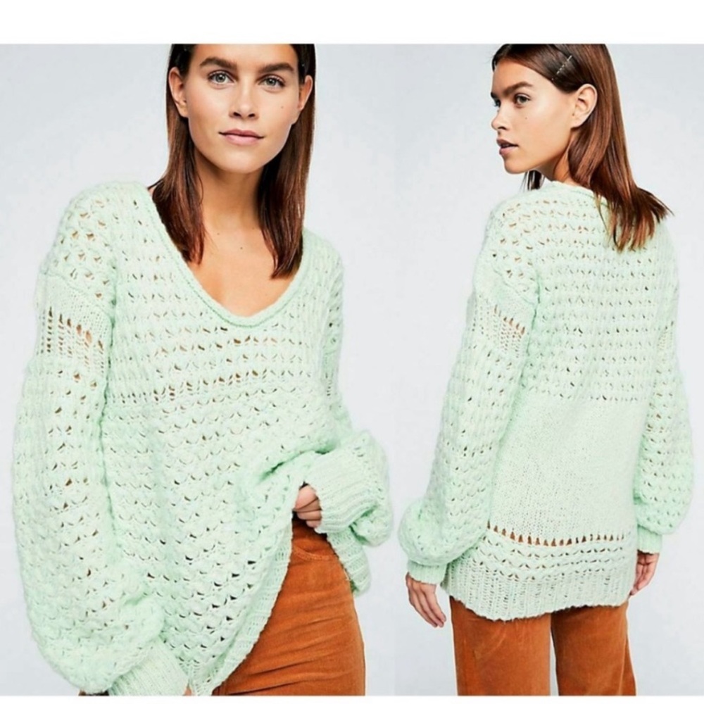 NWT Free People Crashing Waves Pullover Sweater in Mint LARGE
